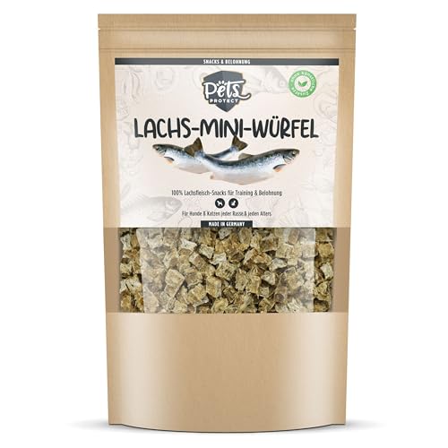 LACHS-Mini-WÜRFEL | 100% Lachsfleisch Leckerlis für Hunde & Katzen | Keine künstlichen Zusätze | Reich an Omega-3 Fettsäuren | Getrocknet | Ohne Fischmehl | Getreidefrei | 150g | Deutsche Herstellung von Pets PROTECT