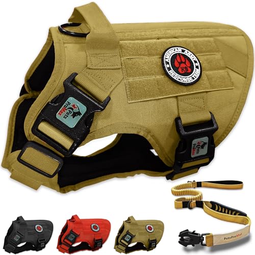 Pets ProMax Taktisches Hundegeschirr mit taktischer Hundeleine als 1 Set; (Militärstil Taktische Hundeweste und Bungee-Hundeleine mit Autositzschnalle) - Beige L von Pets ProMax