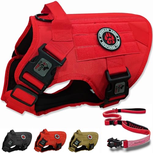 Pets ProMax Taktisches Hundegeschirr mit taktischer Hundeleine als 1 Set; (Militärstil Taktische Hundeweste und Bungee-Hundeleine mit Autositzschnalle) - Rot M von Pets ProMax