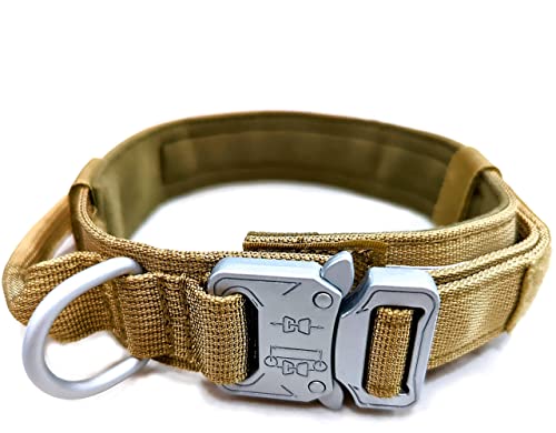 Pets ProMax Taktisches Hundehalsband [Wasserdichtes Militärqualität K9 Jagdhundehalsband], Taktisches Heavy Duty Hundehalsband mit Metallschnalle und Kontrollgriff für Hundetraining. (XL), Coyote von Pets ProMax