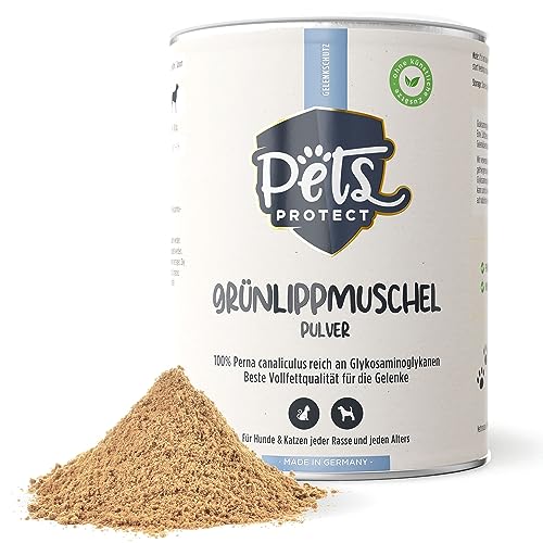 Pets PROTECT 100% Grünlippmuschel-Pulver für Gelenk-Funktion | Sehr hoher Gehalt an Glykosaminoglykanen (3,5%) | Beste Vollfettqualität | Ohne Zusätze | Hund & Katze | 150 g Grünlippmuschelpulver von Pets PROTECT