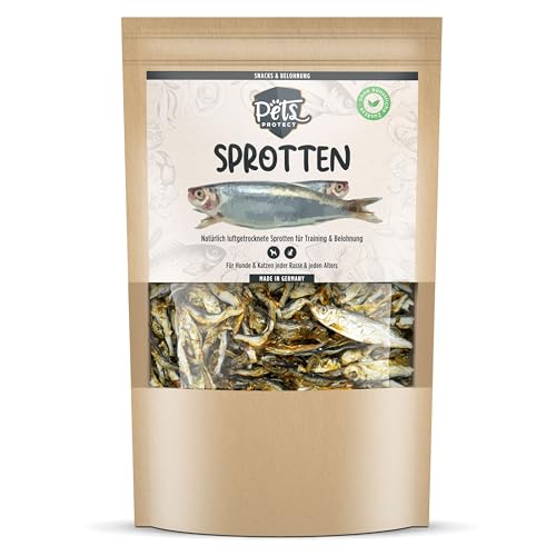 Native SPROTTEN getrocknet | Trockenfisch Leckerli groß für Hunde | Reich an Omega-3 Fettsäuren | Auch für Welpen geeignet | Ohne Chemie & künstliche Zusätze | 150g | Deutsche Herstellung von Pets PROTECT