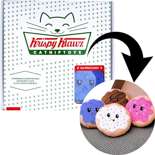 Krispy Klawz Donut Katzenspielzeug-Set (groß) – 4 Donut Katzenminze Spielzeug & Dickes Kratzbrett Pad – Niedliche Katzenspielzeug, Lustiges Katzenspielzeug, Geschenke für Katzenliebhaber von Pets Rule