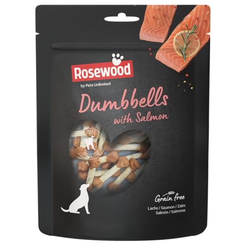 Rosewood Hanteln aus Rosenholz mit Lachs - Kauknochen für Hunde, Rinderhaut-Leckerli mit Lachs, Zahnpflege, ohne Getreide und künstliche Zusätze, 150 g von Rosewood