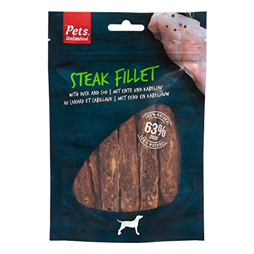 Rosewood Enten- & Seelachs Steakstreifen aus Rosenholz - Weiche Leckerlis für Hunde, Reich an Fleisch/Fisch, Fettarm, Getreide- und Glutenfrei, Ohne Künstliche Zusätze, 100 g von Rosewood