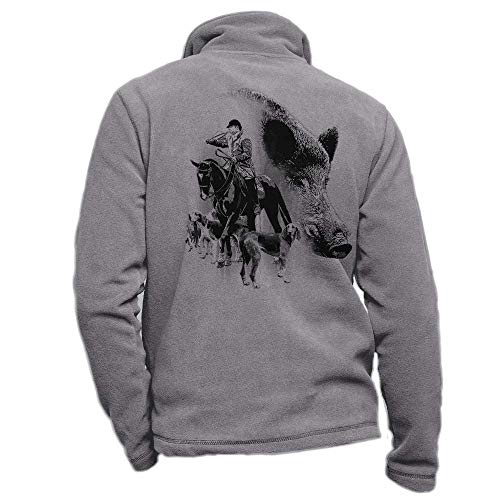 Fleecejacke grau personalisiert mit Wildschwein, Hunden, Pferd und Trompe, Jagd-Set Größe 3XL von Pets-easy