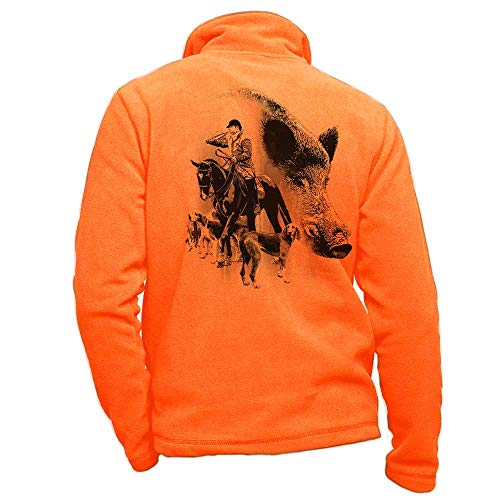 Fleecejacke orange personalisiert mit Wildschwein, Hunden, Pferd und Trompee, Größe S von Pets-easy