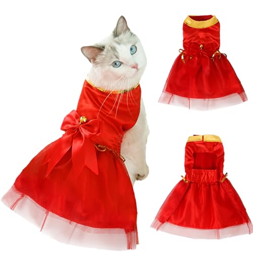 Pets on Safari Hund Weihnachten Outfit, Katze Rot Tüll Kleid mit Glocke, Weihnachtsmann Kleidung mit Fliege für Kleine Mittlere Hunde Mädchen Katze Bekleidung (Small) von Pets on Safari