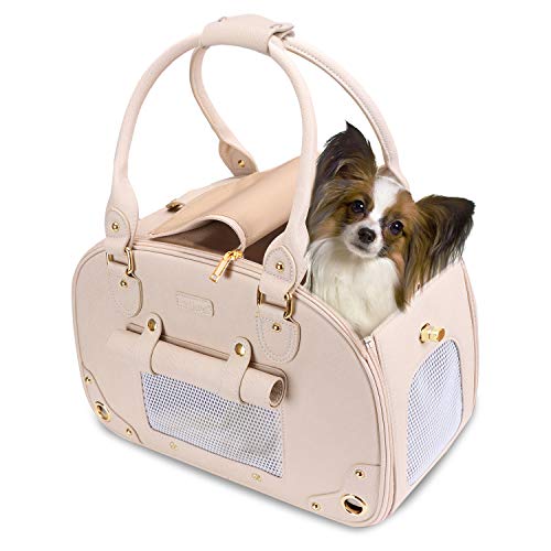 PetsHome Hunde-Tragetasche, Haustier-Tragetasche, Katzentragetasche, wasserdicht, Premium-Leder, tragbare Tragetasche für Katzen und kleine Hunde, Zuhause & Outdoor, Medium, Beige von PetsHome