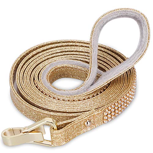 PetsHome Hundeleine, Haustier-Leine, [Bling Strasssteine] Premium PU-Leder, langlebig und weich, 1,5 m Leine für Kontrolle, Sicherheitstraining, Gehleine für kleine bis mittelgroße Hunde, Gold von PetsHome