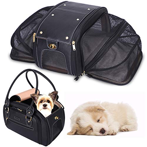 PetsHome Hundetragetasche, Katzentrage, erweiterbar, faltbar, von Fluggesellschaften zugelassenes Leder, Haustier-Reisen, tragbare Tasche für Katzen und kleine Hunde, Zuhause & Outdoor, klein, schwarz von PetsHome