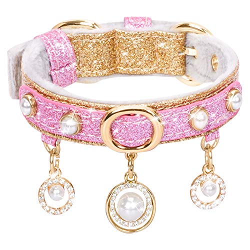 PetsHome Katzenhalsband, Hundehalsband, Bling PU Leder Verstellbares Haustier Halsband mit niedlichen Perlen und Luxus Anhänger für Katze und kleine Hunde, extra klein Gold von PetsHome