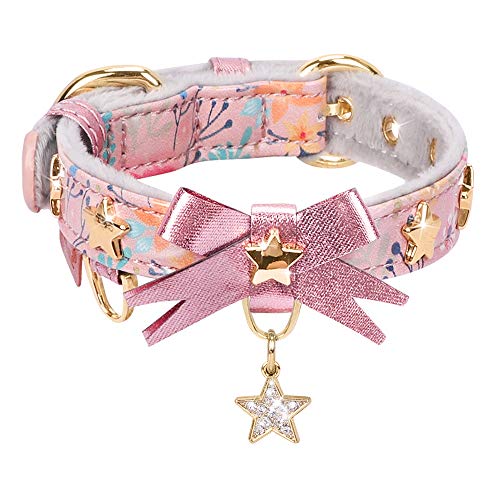 PetsHome Katzenhalsband, Hundehalsband, süße Fliege, goldener Stern, Blumenmuster, weich, verstellbar, mit Anhänger für Katzen und kleine Hunde, Rosa von PetsHome