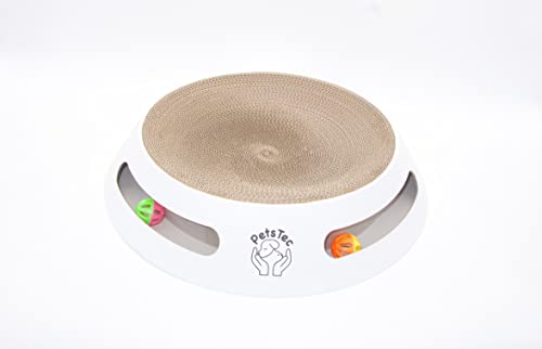 PetsTec Kratzbaum Lounge Bett für Indoor Kätzchen - zum Kratzen, Spielen und Entspannen - 3 in 1 mit Katzenspielzeug Bälle Rund Kratzbaum Karton Bett mit Uni Design von PetsTec