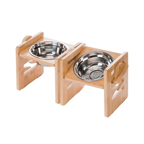 Petschat Erhöhte Hundenapf, 6 Höhen Einstellbar Futternapf Hunde 6-17 cm, Bambus Holz Futterstation mit 450ML Edelstahl Fressnapf, Einzeln Erhöhte Hundebar für Kleine Medium Hunde & Katzen, 2 Pack von Petschat