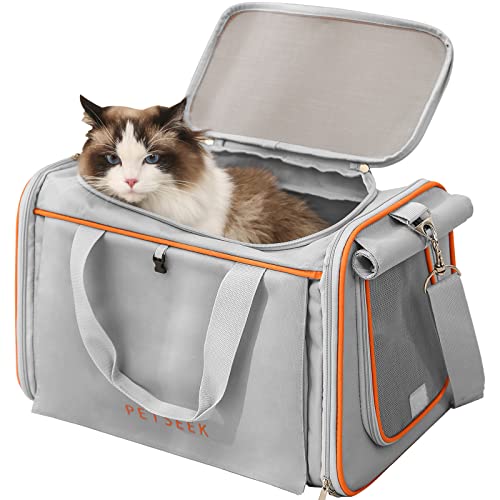 Petseek Large Cat Carrier, Airline Approved Pet Carrier, Pet Travel Carrier for Cats Dogs Puppy Comfort Portable Foldable Vehicle Pet Bag, Light Grey von Petseek