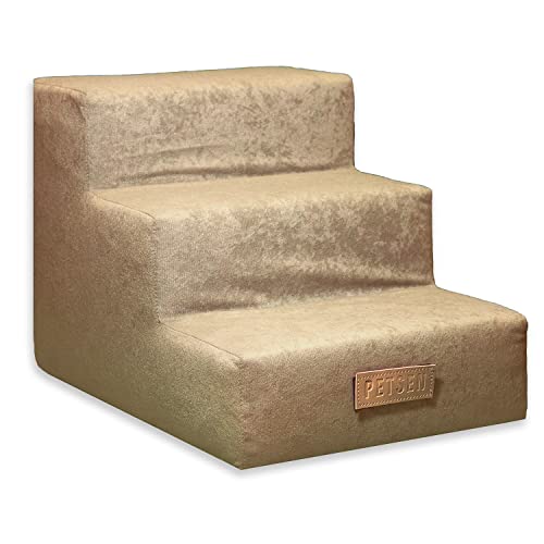 Petsen Personalisierte, Handgefertigt Hundetreppe für Kleine Hunde | Katzentreppe für Bett und Sofa | 3-stufige, 30 cm hoch | Haustiertreppe mit eingraviert Haustiername | Farbe: Beige von Petsen