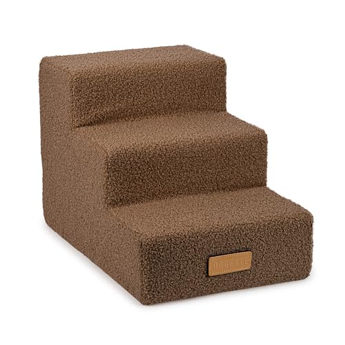 Petsen Personalisierte, Handgefertigt Hundetreppe für Kleine Hunde | Katzentreppe für Bett und Sofa | 3-stufige, 30cm hoch | Haustiertreppe mit eingraviert Haustiername (Boucle braun, 3-stufige) von Petsen