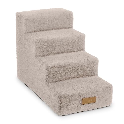 Petsen Personalisierte, Handgefertigt Hundetreppe für Kleine Hunde | Katzentreppe für Bett und Sofa | 4-stufige, 40 cm hoch | Haustiertreppe mit eingraviert Haustiername (Boucle grau, 4-stufige) von Petsen