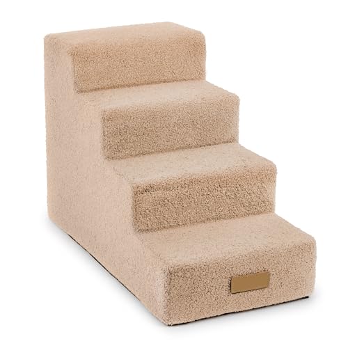 Petsen Personalisierte, Handgefertigt Hundetreppe für Kleine Hunde | Katzentreppe für Bett und Sofa | 4-stufige, 40cm hoch | Haustiertreppe mit eingraviert Haustiername (Boucle beige, 4-stufige) von Petsen