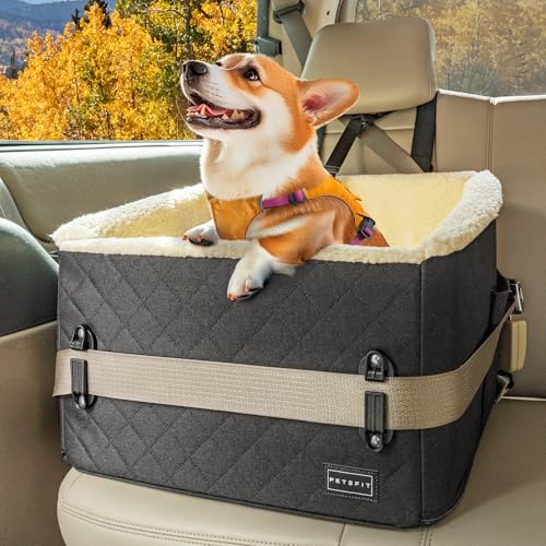 PETSFIT Hunde Autositz erhöht 12.5cm, Hundesitz Auto Rückbank mit Sicherheitspatent, Hundeautositz mit abnehmbarem Plüschbezug, Hundekorb Auto für kleine Hunde bis 12kg, Beifahrersitz & Rückbank von Petsfit