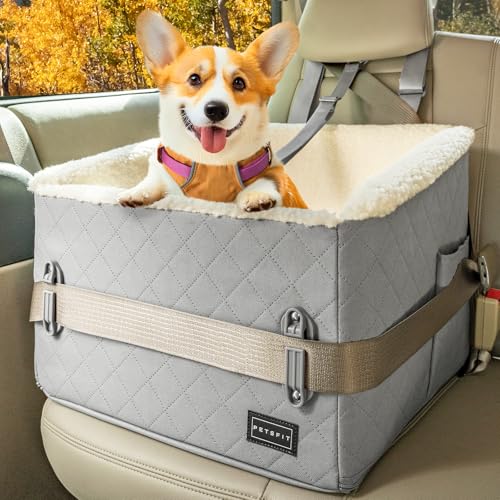 PETSFIT Hunde Autositz erhöht 12.5cm, Hundesitz Auto Rückbank mit Sicherheitspatent, Hundeautositz mit abnehmbarem Plüschbezug, Hundekorb Auto für kleine Hunde bis 12kg, Beifahrersitz & Rückbank von Petsfit