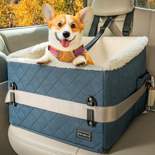 PETSFIT Hunde Autositz erhöht 12.5cm, Hundesitz Auto Rückbank mit Sicherheitspatent, Hundeautositz mit abnehmbarem Plüschbezug, Hundekorb Auto für kleine Hunde bis 12kg, Beifahrersitz & Rückbank von Petsfit