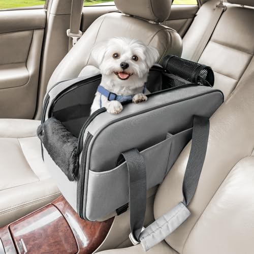 Petsfit mehrfunktional Hundesitz Mittelkonsole Auto, Autositz Hund Mittelkonsole Airline genehmigt mit Sicherheitsband und Taschen,Auto Flugtasche für kleine Hunde Katzen bis zu 5KG von Petsfit