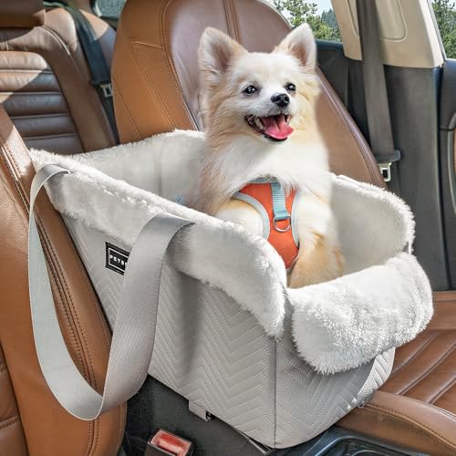 PETSFIT Hundesitz Mittelkonsole Auto, tragbarer Autositz Hund Mittelkonsole mit sicheren Schutzhaken, luxuriöser Hunde Autositz mit verbesserten Sicherheitsgurten für Kleine Hunde bis zu 5KG,Grau Weiß von Petsfit