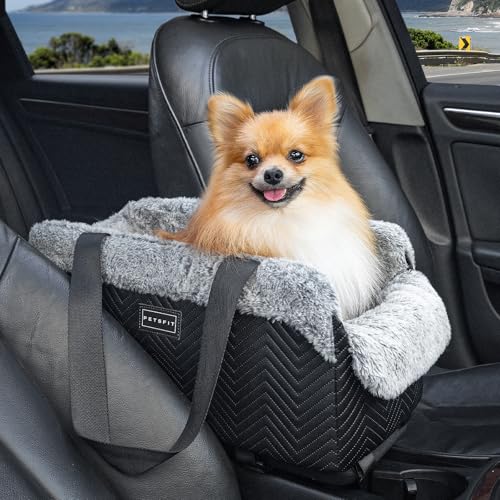 PETSFIT Hundesitz Mittelkonsole Auto, tragbarer Autositz Hund Mittelkonsole mit sicheren Schutzhaken, luxuriöser Hunde Autositz mit verbesserten Sicherheitsgurten für Kleine Hunde bis zu 5KG,Schwarz von Petsfit