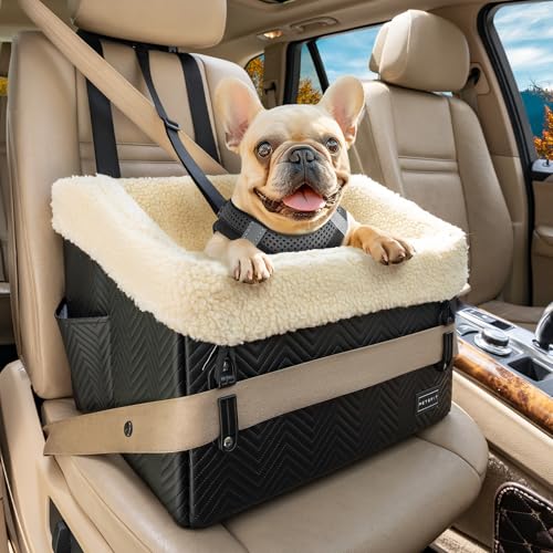 PETSFIT Hunde Autositz erhöht 12.5cm, Hundeautositz Hundesitz kleine Hunde mit Patent sichere Schnallen,Abnehmbarer und waschbarer Plüschbezug, Auto Rückbank Beifahrersitz für kleine Hunde bis zu 12kg von Petsfit