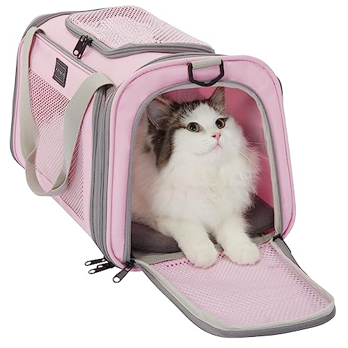 PETSFIT Katzentragetasche, Haustier-Tragetasche, Fluggesellschaften zugelassen, Katzen-Reisetragetasche für kleine und mittelgroße Katzen unter 6,8 kg, weiche Seiten-Kätzchen-Tragetasche mit gemütlicher, ausziehbarer Matte, Katzentragetasche, Rosa von Petsfit