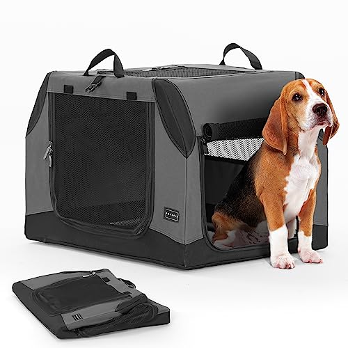 PETSFIT Reise-Hundebox, weiche Hundebox, 76,2 cm, stabile verstellbare Struktur, einfach aufzubauen, Hundebox für Auto, leicht, robust, mit 3 Netztüren, Grau von Petsfit