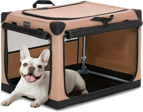 PETSFIT Tragbare Hundebox, weiche Seiten, 66 cm, leicht, einfach aufzubauen, stabile Hunde-Reisebox, verstellbarer Rahmen mit 3 Netztüren, zusammenklappbare Hundehütte, Khaki, 66 cm von Petsfit