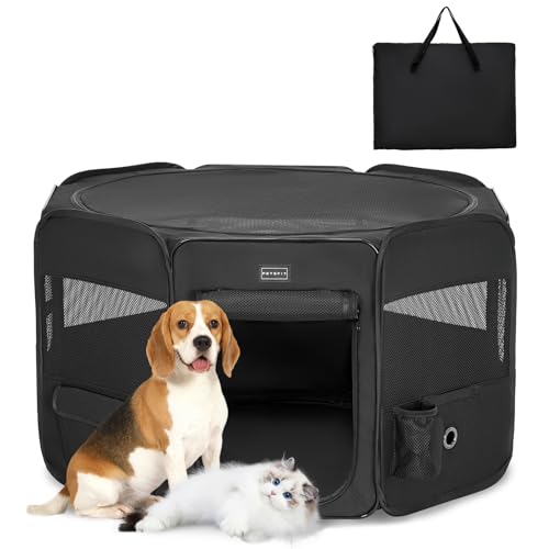 PETSFIT faltbar Welpenauslauf Tierlaufstall für Kleintiere Hunde Katzen,Hundelaufstall Freigehege mit Wasserdichter Boden,Pop-up System Kausicheres Design,Schwarz,M,92 * 84 * 53cm von Petsfit