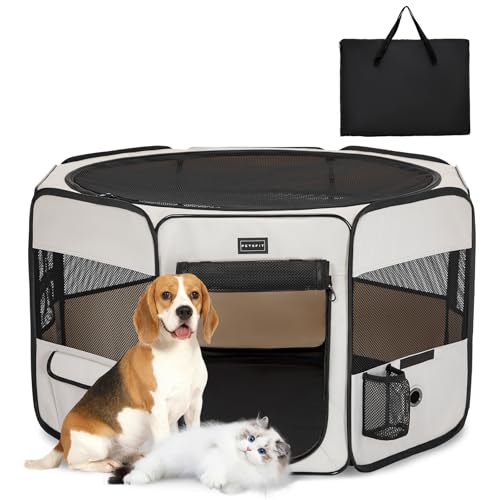 PETSFIT faltbar Welpenauslauf Tierlaufstall für Kleintiere Hunde Katzen,Hundelaufstall Freigehege mit Wasserdichter Boden,Pop-up System Kausicheres Design,Grau,M von Petsfit