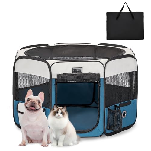 PETSFIT faltbar Welpenauslauf Tierlaufstall für Kleintiere Hunde Katzen,Hundelaufstall Freigehege mit Wasserdichter Boden,Pop-up System Kausicheres Design,Grau/Blau,75 * 68 * 42cm von Petsfit