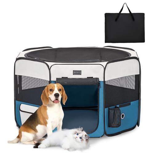 PETSFIT faltbar Welpenauslauf Tierlaufstall für Kleintiere Hunde Katzen,Hundelaufstall Freigehege mit Wasserdichter Boden,Pop-up System Kausicheres Design,Grau/Blau,92 * 84 * 53cm von Petsfit