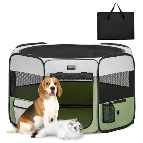 PETSFIT faltbar Welpenauslauf Tierlaufstall für Kleintiere Hunde Katzen,Hundelaufstall Freigehege mit Wasserdichter Boden,Pop-up System Kausicheres Design,Grau/Grün,92 * 84 * 53cm von Petsfit