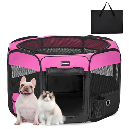 PETSFIT faltbar Welpenauslauf Tierlaufstall für Kleintiere Hunde Katzen,Hundelaufstall Freigehege mit Wasserdichter Boden,Pop-up System Kausicheres Design,Rosarot/Schwarz,75 * 68 * 42cm von Petsfit