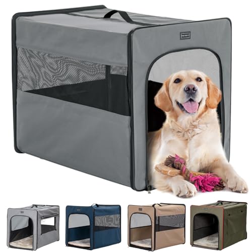 Petsfit Hundebox faltbar, Hundebox für zuhause Hundetransportbox Faltbare Hundebox große Hunde, robust, leicht, sicher mit 3 cm dicken Plüschmatte,Grau,L 79x53.5x66cm von Petsfit