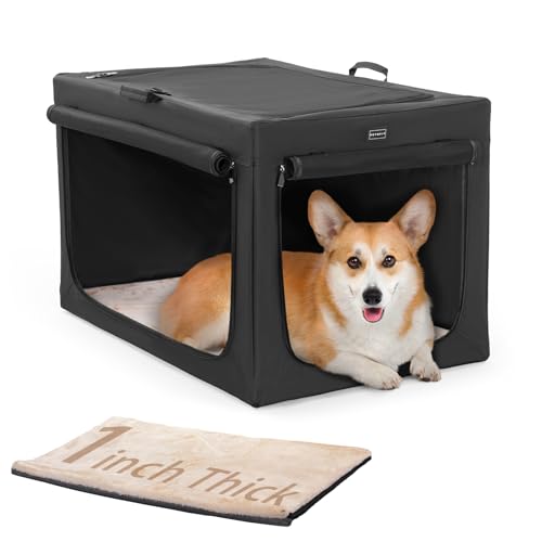 Petsfit Hundebox faltbar für mittlere Hunde, Hundebox für Zuhause Zimmerkennel Hund Verstellbares Design Transportbox Hund, Reißfeste Netzfenster & verdickte plüsche Betteinlage,(M, Schwarz) von Petsfit