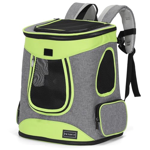 Petsfit Hunderucksack & Katzenrucksack für große Katzen bis 5kg - Leichter Katzen Rucksack mit Netzfenster, Brustgurt & Polster - Atmungsaktiver Rucksack für kleine Hunde, Grün+Grau von Petsfit