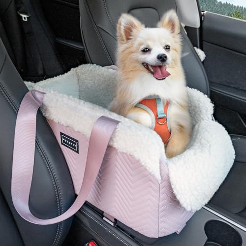 PETSFIT Hundesitz Mittelkonsole Auto, tragbarer Autositz Hund Mittelkonsole mit sicheren Schutzhaken, luxuriöser Hunde Autositz mit verbesserten Sicherheitsgurten für Kleine Hunde bis zu 5KG,Rosa von Petsfit