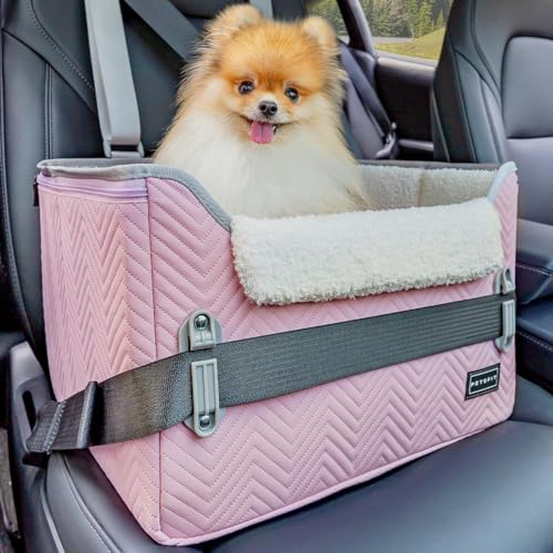 Petsfit Hundeautositz Hundesitz kleine Hunde, Autositz Hundesitz Auto Rückbank Beifahrersitz sicherer Stabiler mit Sicherheitsgurt-Halteclip und Plüschkissen für kleine Hunde bis zu 8kg, Leder, Rosa von Petsfit