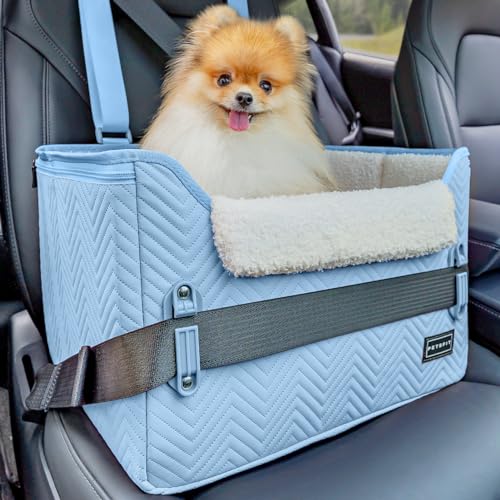 Petsfit Hundeautositz Hundesitz kleine Hunde, Autositz Hundesitz Auto Rückbank Beifahrersitz sicherer Stabiler mit Sicherheitsgurt-Halteclip und Plüschkissen für kleine Hunde bis zu 11kg, Leder,Blau von Petsfit