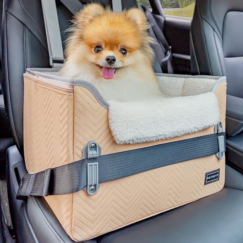 Petsfit Hunde Autositz für kleine Hunde, Hundeautositz Hundesitz Auto Rückbank Beifahrersitz sicherer Stabiler mit Sicherheitsgurt-Halteclip und Plüschkissen für kleine Hunde bis zu 8kg,Leder,Khaki von Petsfit