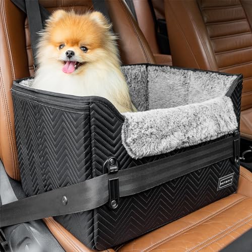 Petsfit Hundeautositz Hundesitz kleine Hunde, Autositz Hundesitz Auto Rückbank Beifahrersitz sicherer Stabiler mit Sicherheitsgurt-Halteclip und Plüschkissen für kleine Hunde bis zu 8kg,Leder, Schwarz von Petsfit