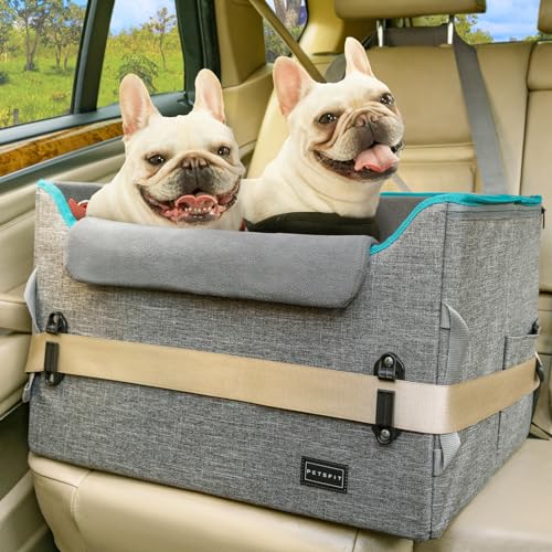 Petsfit Hundeautositz Hundesitz mittlere Hunde, Autositz Hundesitz Auto Rückbank Beifahrersitz sicherer Stabiler mit Sicherheitsgurt-Halteclip und Plüschkissen für mittlere Hunde bis zu 12kg, Grau von Petsfit