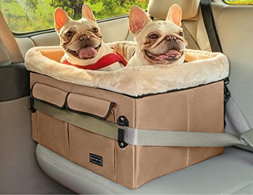 Petsfit Hundesitz Auto Rückbank Hunde Autositz für mittlere Hunde oder 2 kleine Hunde, Hundeautositz Vordersitz mit Waschbares Matte, 2 Anschnallgurte und Aufbewahrungstasche,M,Khaki von Petsfit